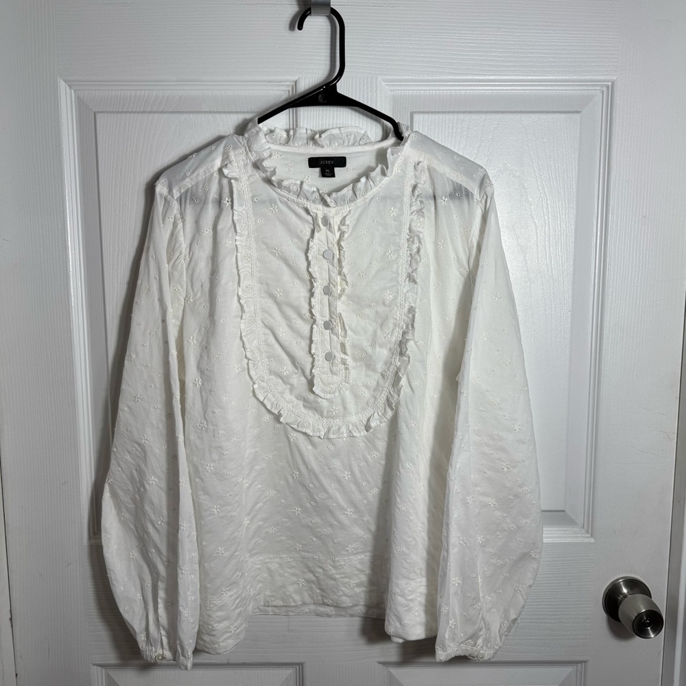 J.Crew Eyelet Ruffle Blouse XL White Cotton Romantic Cottagecore Boho Feminine - Picture 2 of 12